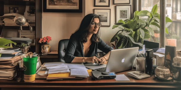 Woman at desk with files